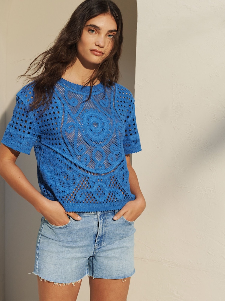 Bright Blue 100% Cotton Short Sleeve Crochet Crew Neck T-Shirt - Image 1 of 6