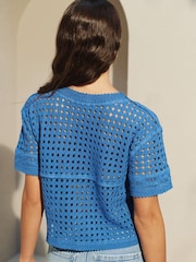 Bright Blue 100% Cotton Short Sleeve Crochet Crew Neck T-Shirt - Image 3 of 6