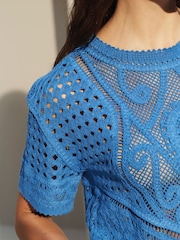 Bright Blue 100% Cotton Short Sleeve Crochet Crew Neck T-Shirt - Image 4 of 6