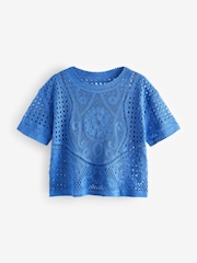 Bright Blue 100% Cotton Short Sleeve Crochet Crew Neck T-Shirt - Image 5 of 6