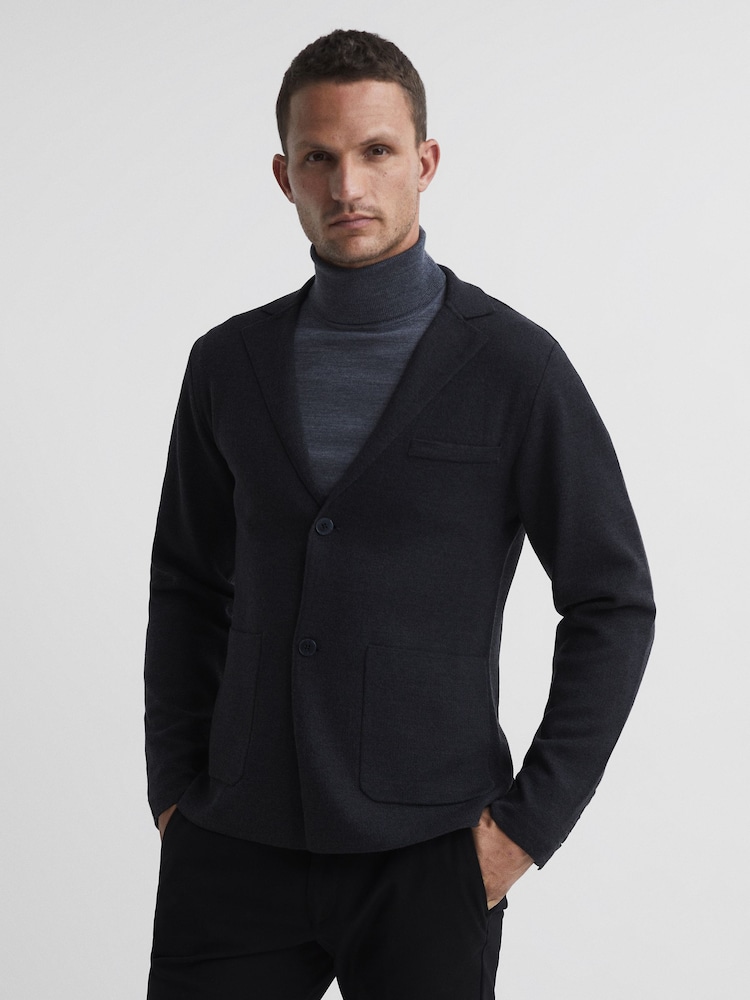 Reiss Charcoal Melange Holt Single Breasted Knitted Blazer - Image 1 of 7