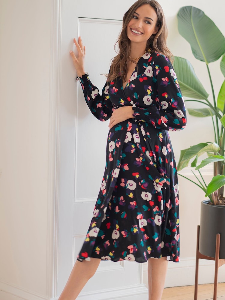 Seraphine Woven Black Wrap Dress With Blouson Sleeve - Image 1 of 6