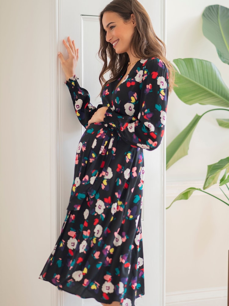 Seraphine Woven Black Wrap Dress With Blouson Sleeve - Image 6 of 6