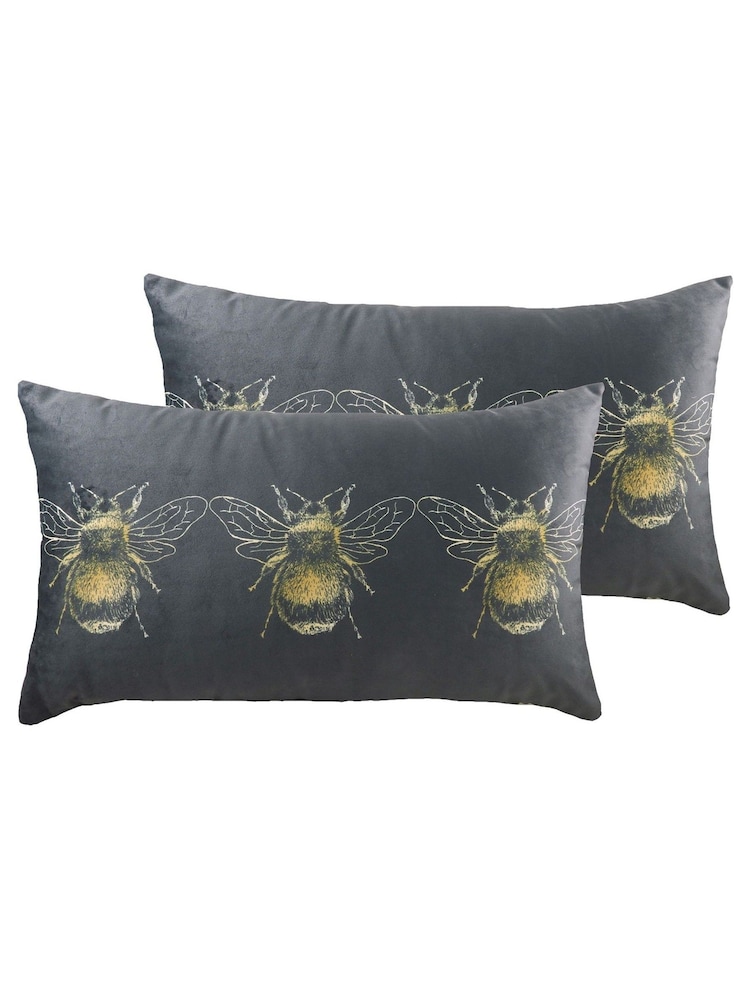 Evans Lichfield 2 Pack Grey Gold Bee Velvet Filled Cushions - Image 1 of 4