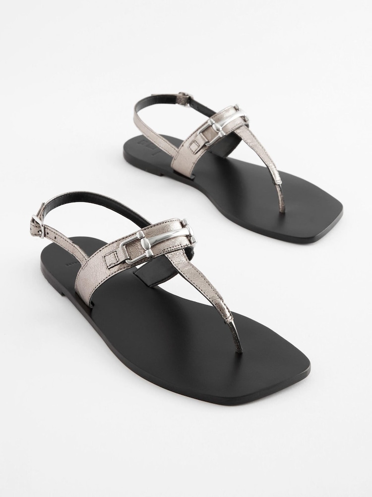 Pewter Extra Wide Fit Leather Toe Post Flat Sandals with Metal Detail - Image 1 of 5