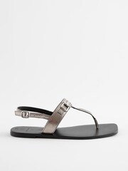Pewter Extra Wide Fit Leather Toe Post Flat Sandals with Metal Detail - Image 2 of 5