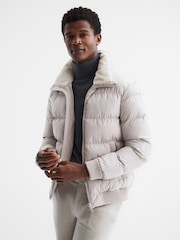 Reiss Stone Frost Faux Fur Trim Puffer Jacket - Image 1 of 6