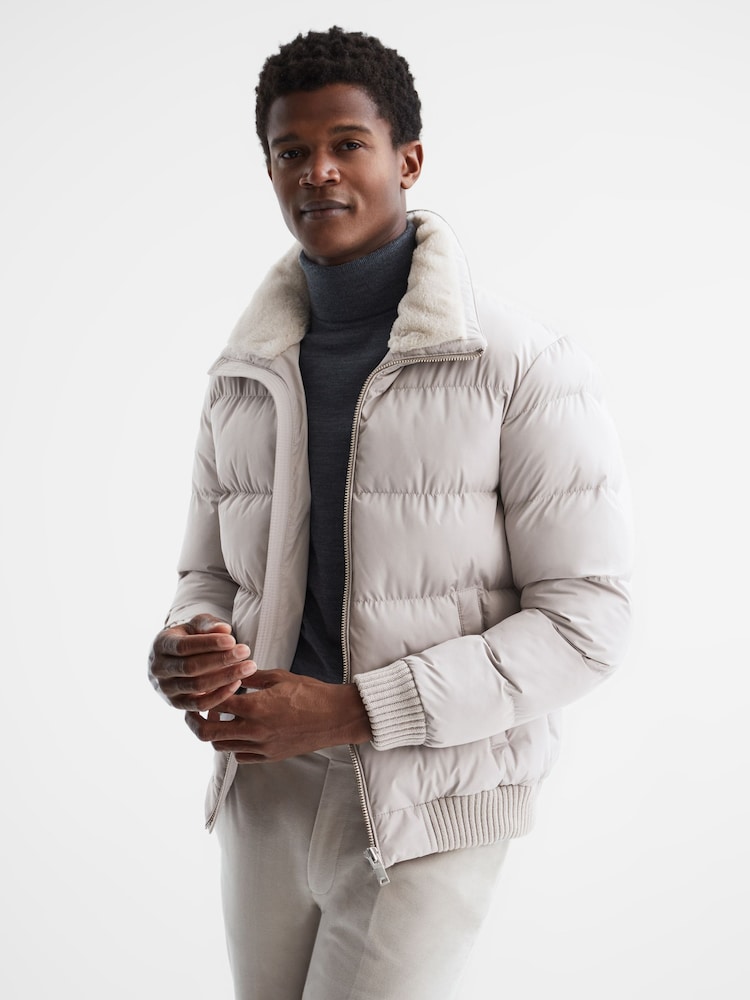 Reiss Stone Frost Faux Fur Trim Puffer Jacket - Image 1 of 6