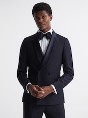 Reiss Navy Expose Double Breasted Satin Shawl Blazer - Image 1 of 10