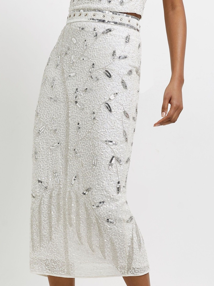 River Island White Sequin Midi Pencil Skirt - Image 1 of 4