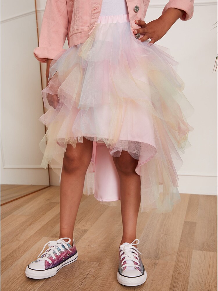Chi Chi London Multi Younger Girls Rainbow Tiered Dip Hem Skirt - Image 2 of 4