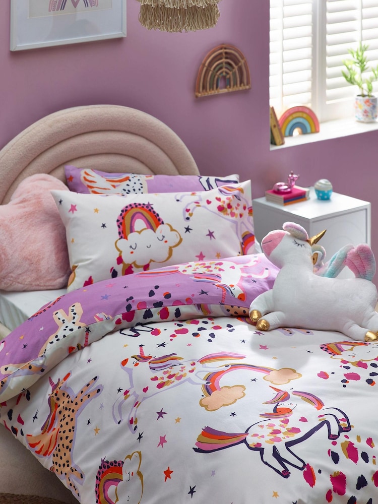 Lilac Purple Unicorn Print Duvet Cover and Pillowcase Set - Image 1 of 4