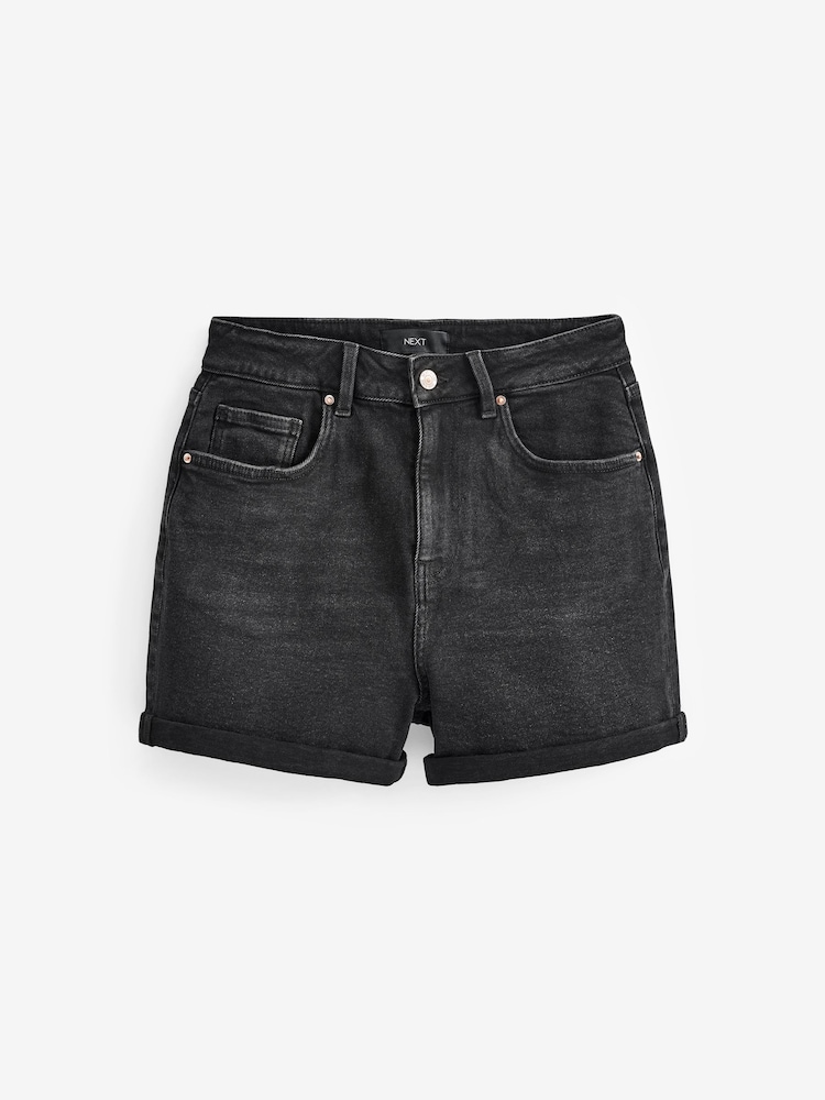 Model negru prespălat - Pantaloni scurți elastici cu Denim Mom Comfort - Image 1 of 5