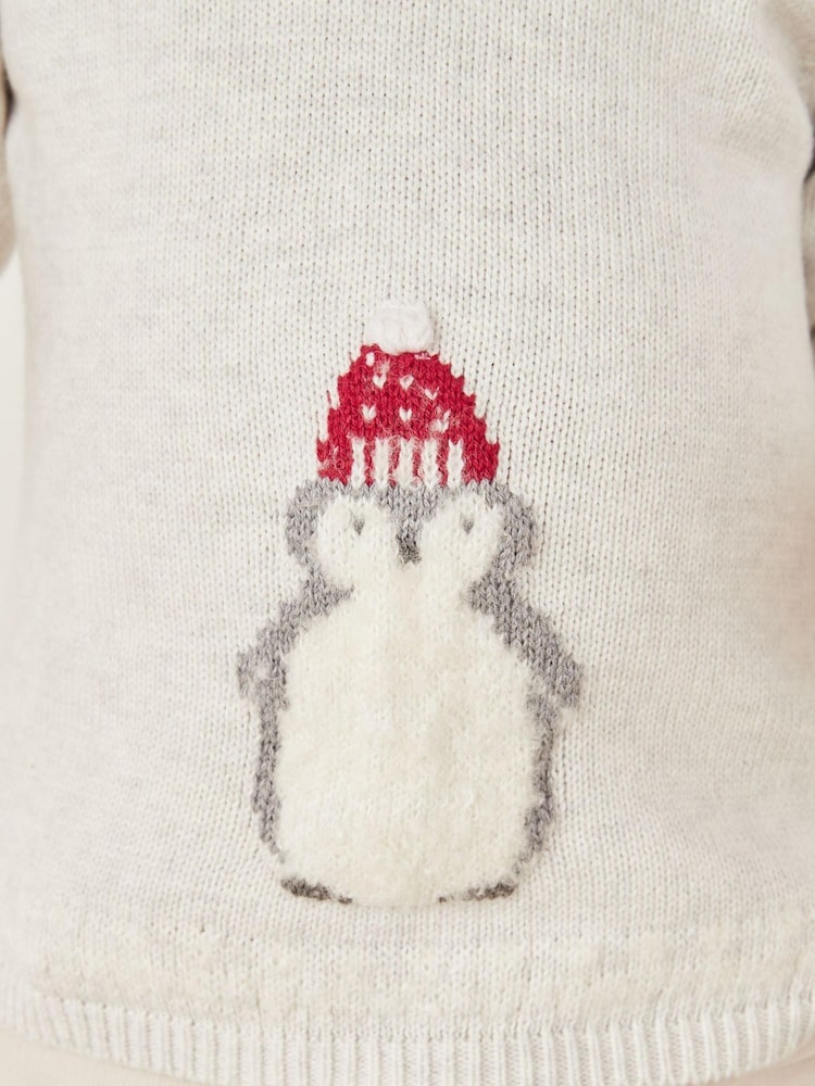 The White Company Cream Organic Cotton Snowy Penguin Pom Jumper - Image 5 of 5