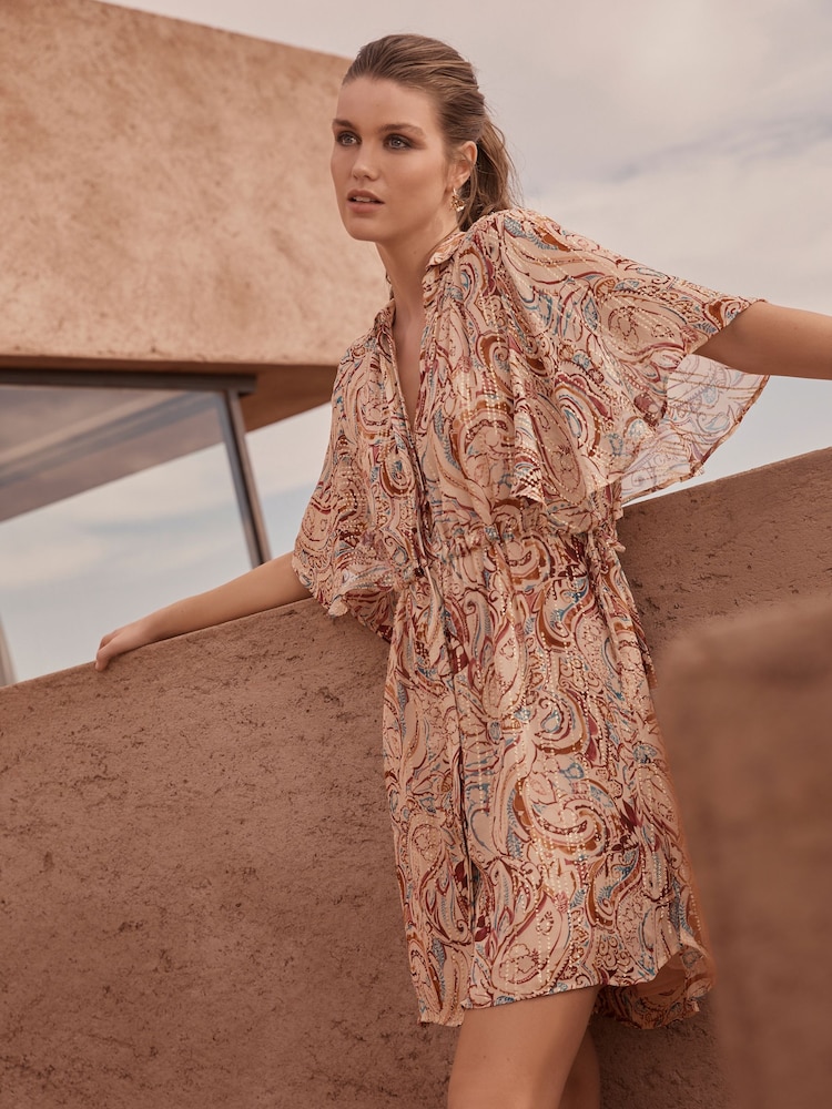 Ecru Cream Sparkle Paisley Print Flutter Sleeve Tie Waist Mini Dress - Image 1 of 2