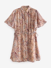 Ecru Cream Sparkle Paisley Print Flutter Sleeve Tie Waist Mini Dress - Image 2 of 2
