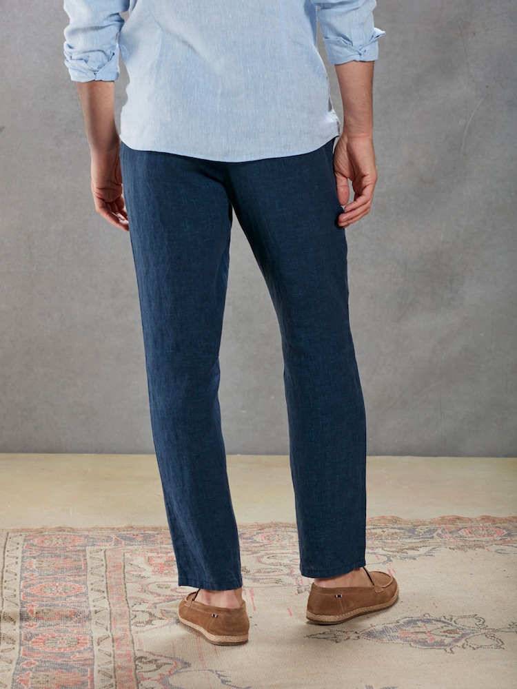 Navy Blue Signature Leomaster Italian Delave Linen Drawstring Trousers - Image 3 of 11
