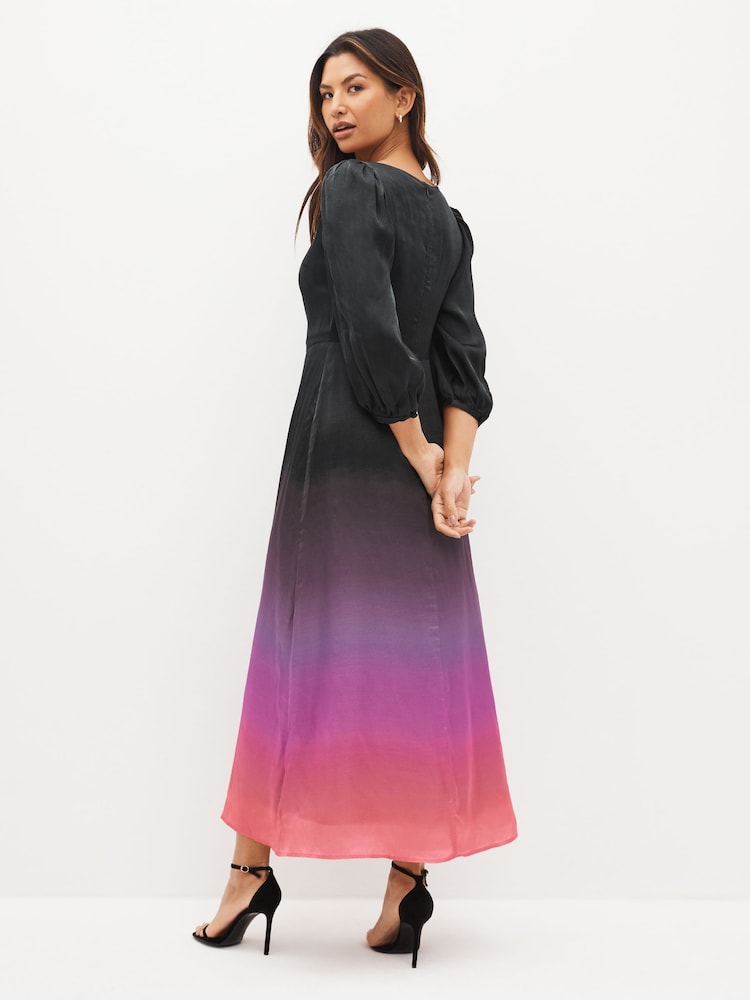 Olivia Rubin Lara Ombre Black Midi Dress with Puff Sleeve and a Fitted Waist - Image 2 of 4