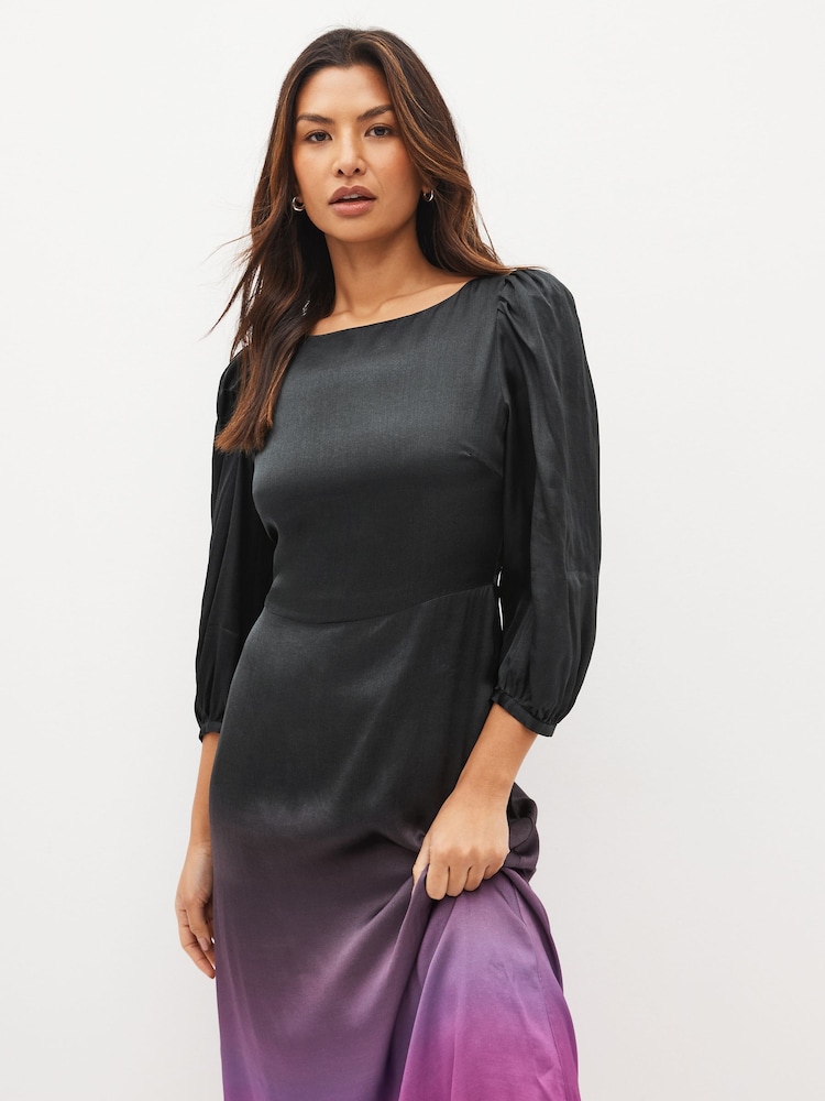 Olivia Rubin Lara Ombre Black Midi Dress with Puff Sleeve and a Fitted Waist - Image 3 of 4