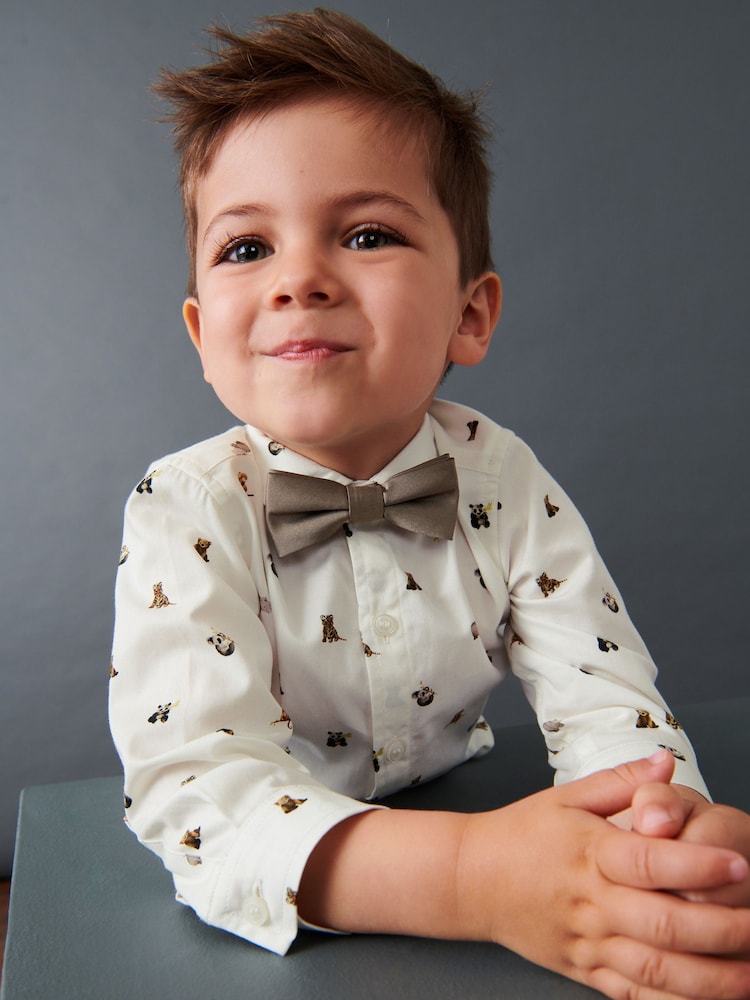 White Smart Print Shirt With Bow Tie (3mths-7yrs) - Image 2 of 6