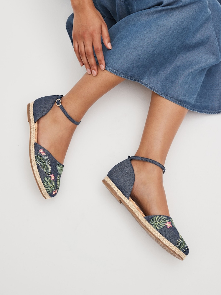 Denim Closed Toe Ankle Strap Espadrille Shoes - Image 1 of 6 Denim Closed Toe Ankle Strap Espadrille Shoes - Image 1 of 6
