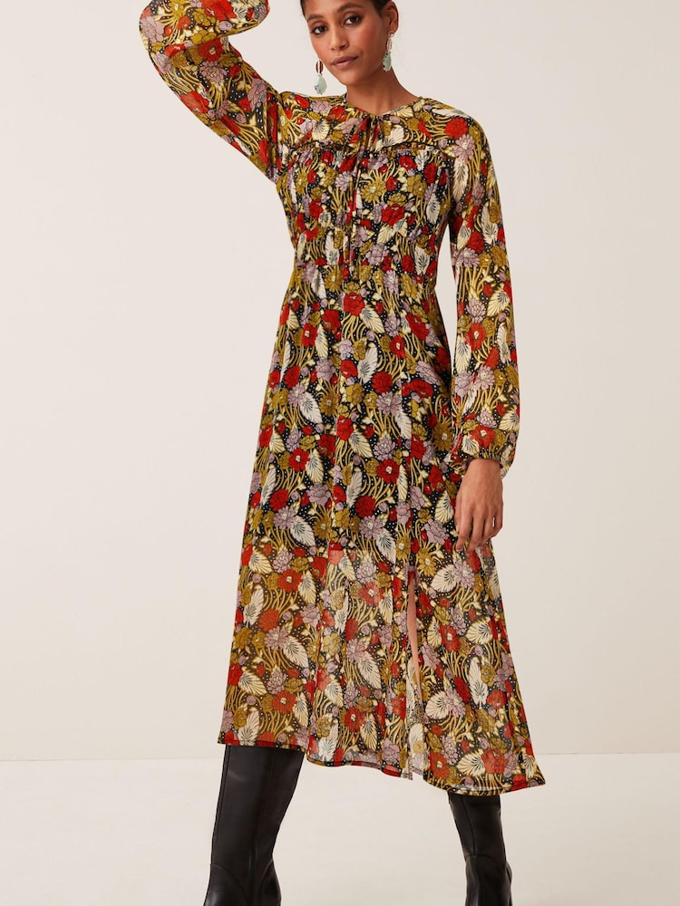 Black/Green Floral Print Corset Detail Chiffon Midi Dress - Image 1 of 4 Black/Green Floral Print Corset Detail Chiffon Midi Dress - Image 1 of 4
