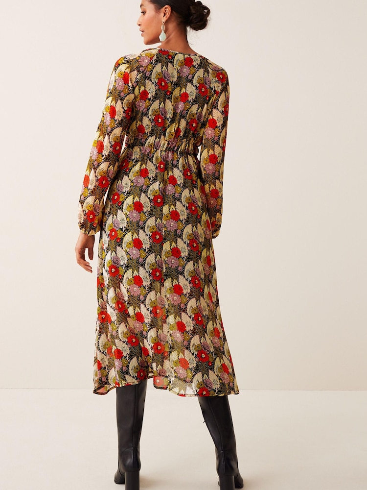 Black/Green Floral Print Corset Detail Chiffon Midi Dress - Image 2 of 4 Black/Green Floral Print Corset Detail Chiffon Midi Dress - Image 2 of 4