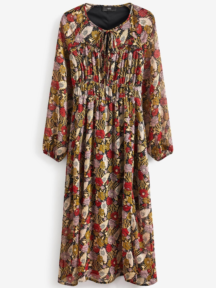 Black/Green Floral Print Corset Detail Chiffon Midi Dress - Image 4 of 4 Black/Green Floral Print Corset Detail Chiffon Midi Dress - Image 4 of 4