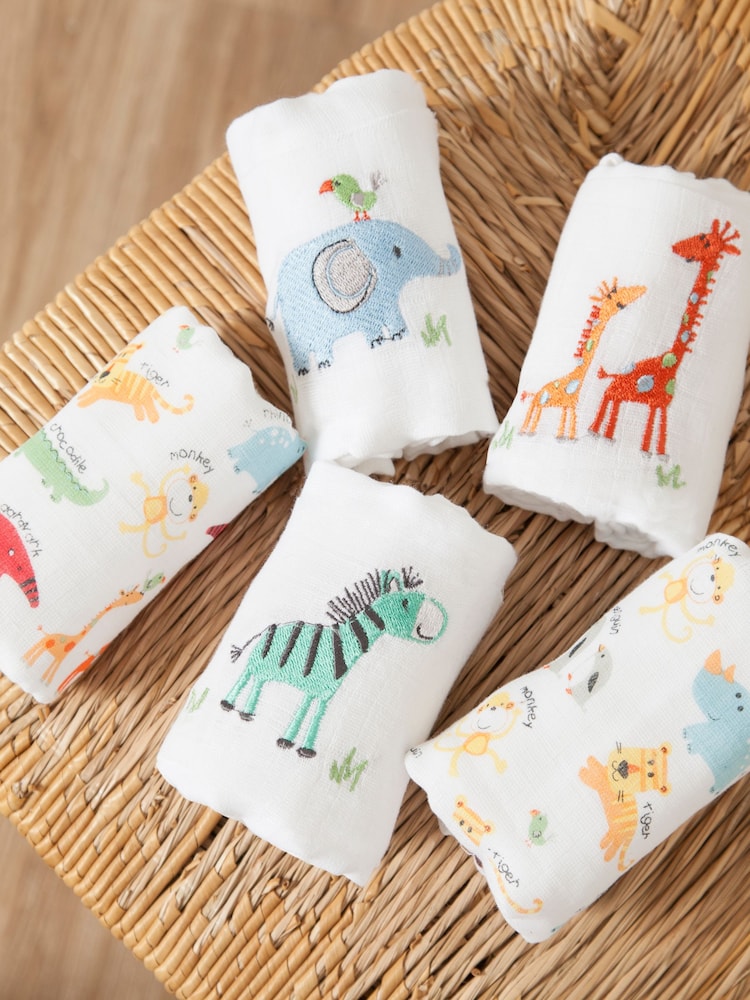JoJo Maman Bébé White 5-Pack Jungle Embroidered Muslins - Image 3 of 3