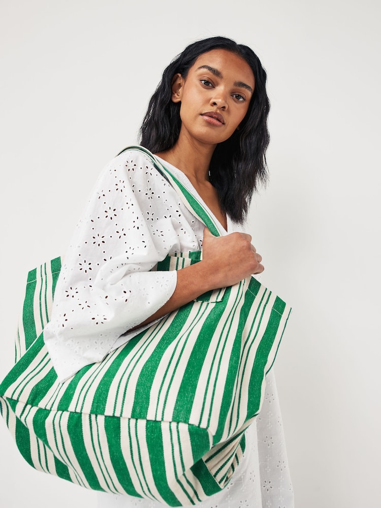 Green Striped Cotton Blend Canvas Shopper Bag - Image 2 of 8