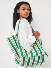 Green Striped Cotton Blend Canvas Shopper Bag - Image 3 of 8