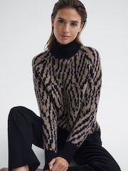 Reiss Black/Neutral Joanna Animal Pattern Wool Blend Roll Neck Jumper - Image 1 of 6