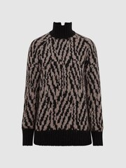 Reiss Black/Neutral Joanna Animal Pattern Wool Blend Roll Neck Jumper - Image 2 of 6