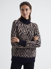 Reiss Black/Neutral Joanna Animal Pattern Wool Blend Roll Neck Jumper - Image 4 of 6