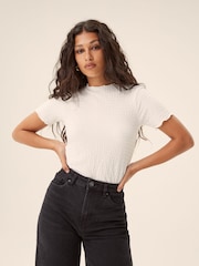 White Short Sleeve Lettuce Edge Textured Top - Image 1 of 5