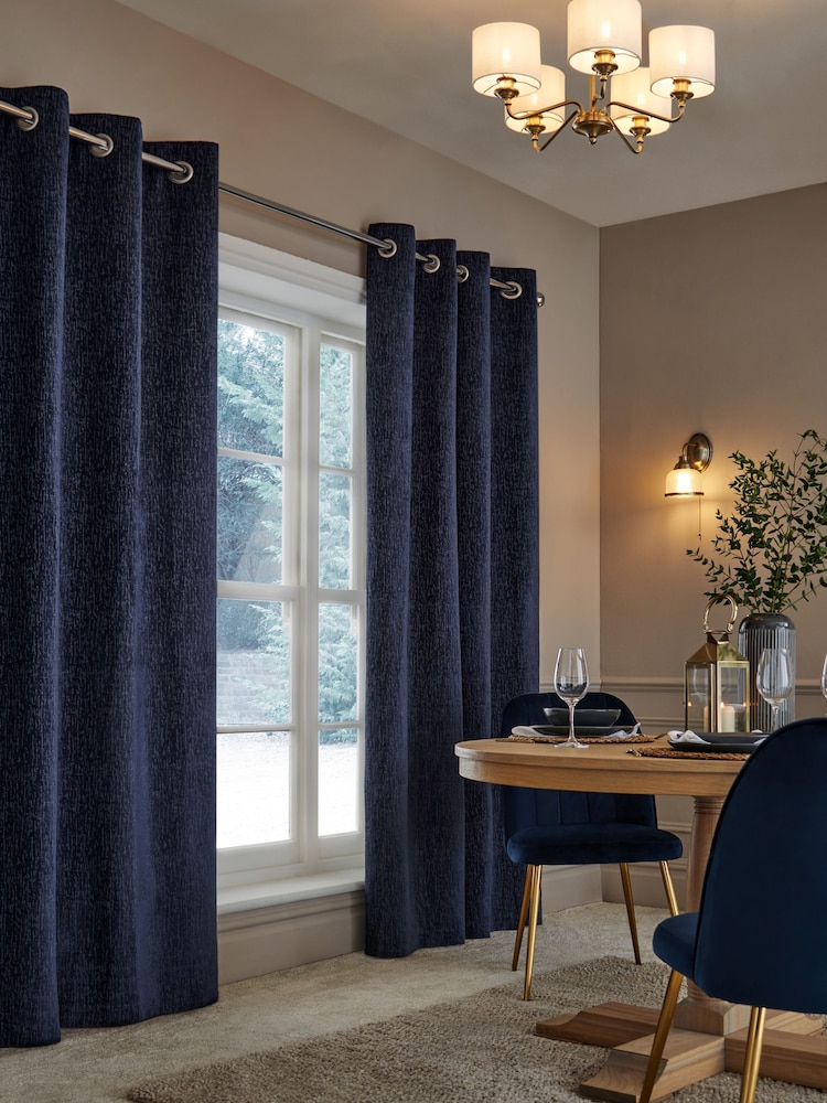 Blue Navy Heavyweight Chenille Eyelet Super Thermal Curtains - Image 2 of 6