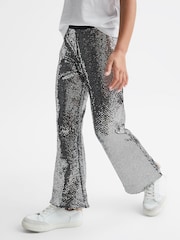 Reiss Silver Valeria Senior Sequin Flare Occasion Trousers - Image 1 of 7