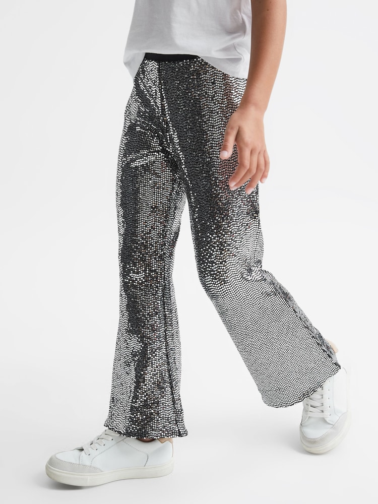 Reiss Silver Valeria Senior Sequin Flare Occasion Trousers - Image 1 of 7