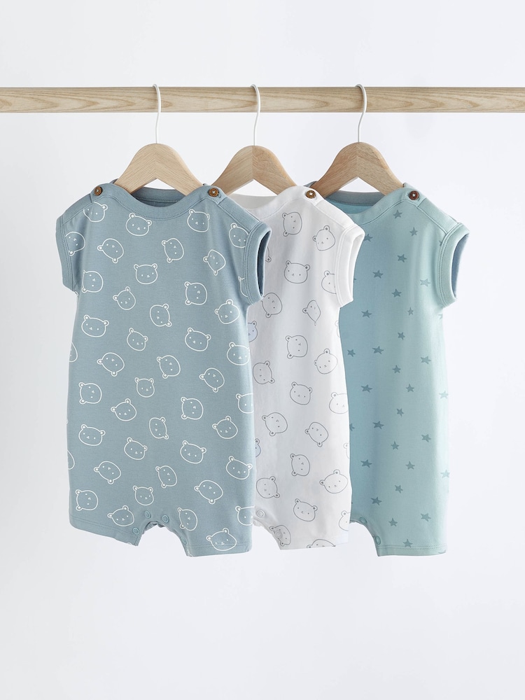 Blue/White Bear Baby Jersey 100% Cotton Rompers 3 Pack - Image 1 of 7