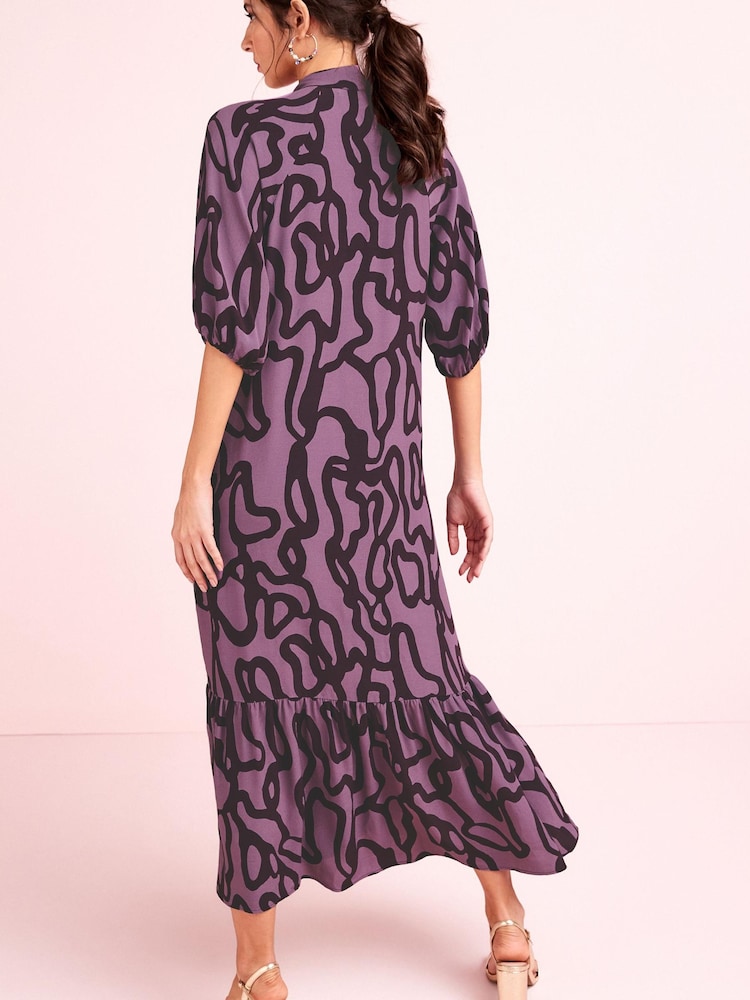 Purple Print Pussy Bow Midi Dress - Image 3 of 5