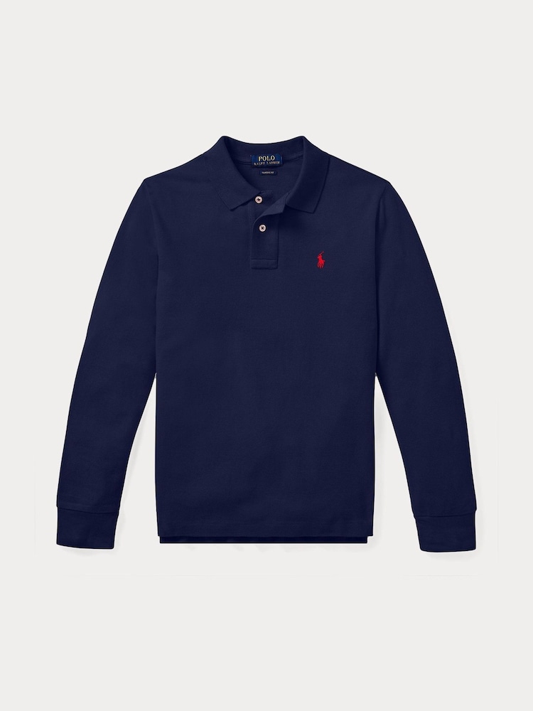 Polo Ralph Lauren Blue Long Sleeve Pique Logo Polo Shirt - Image 1 of 2 Polo Ralph Lauren Blue Long Sleeve Pique Logo Polo Shirt - Image 1 of 2
