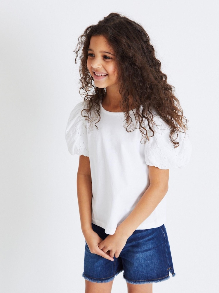White Broderie Puff Sleeve T-Shirt (3-16yrs) - Image 1 of 5 White Broderie Puff Sleeve T-Shirt (3-16yrs) - Image 1 of 5