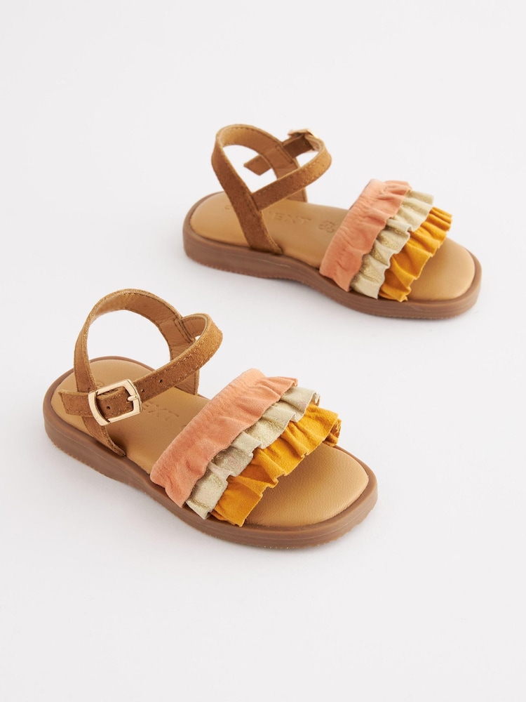 Orange/Tan Brown Leather Ruffle Sandals - Image 1 of 5