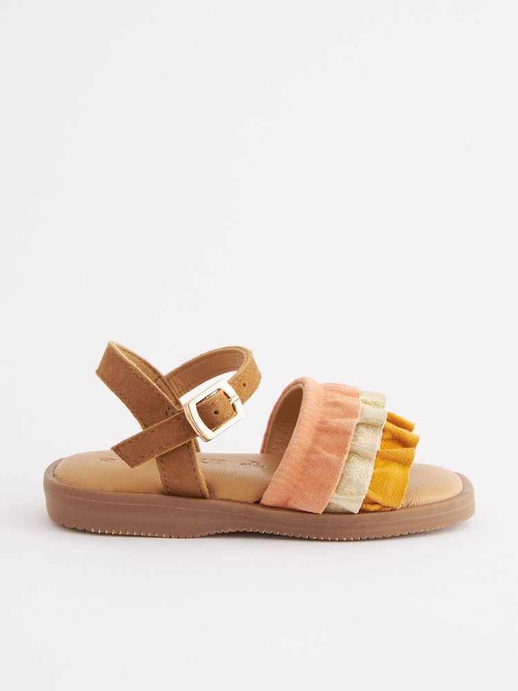 Orange/Tan Brown Leather Ruffle Sandals - Image 2 of 5
