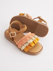 Orange/Tan Brown Leather Ruffle Sandals - Image 4 of 5
