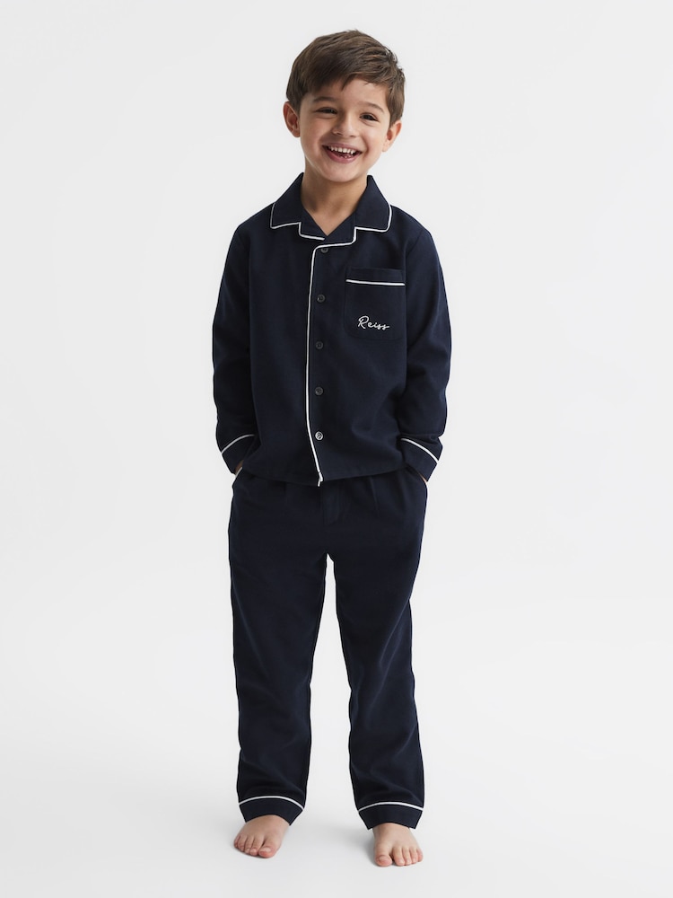 Reiss Navy Napp Senior Cotton Piped Pyjama Trousers - Image 1 of 6