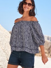 Navy Blue Floral Bardot Top With Linen - Image 1 of 2