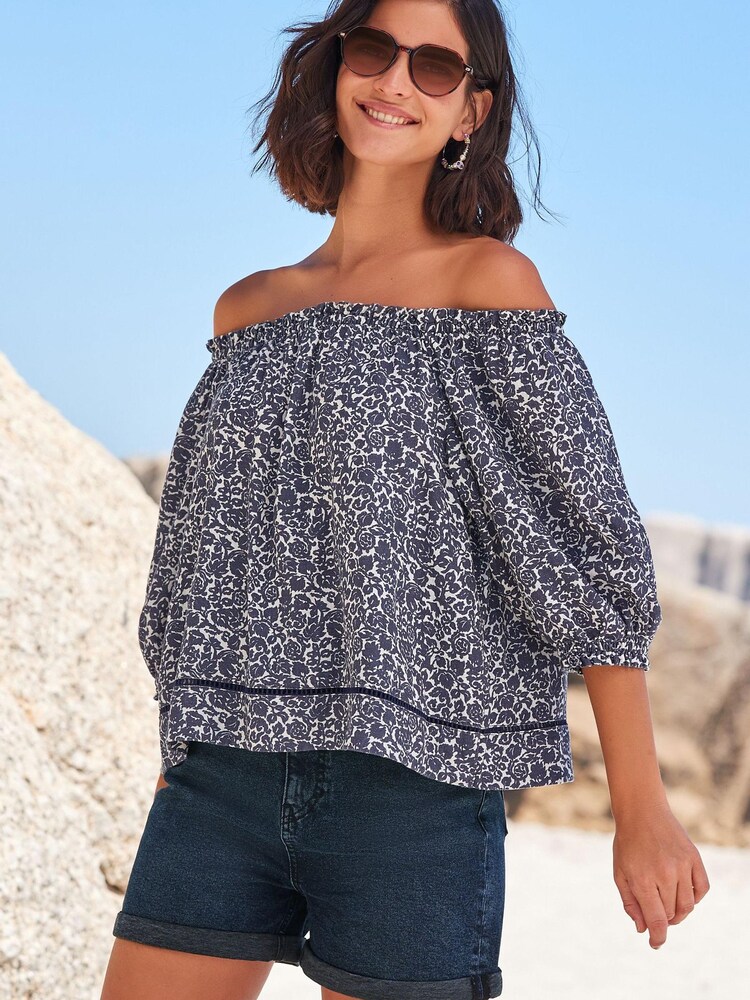 Navy Blue Floral Bardot Top With Linen - Image 1 of 2