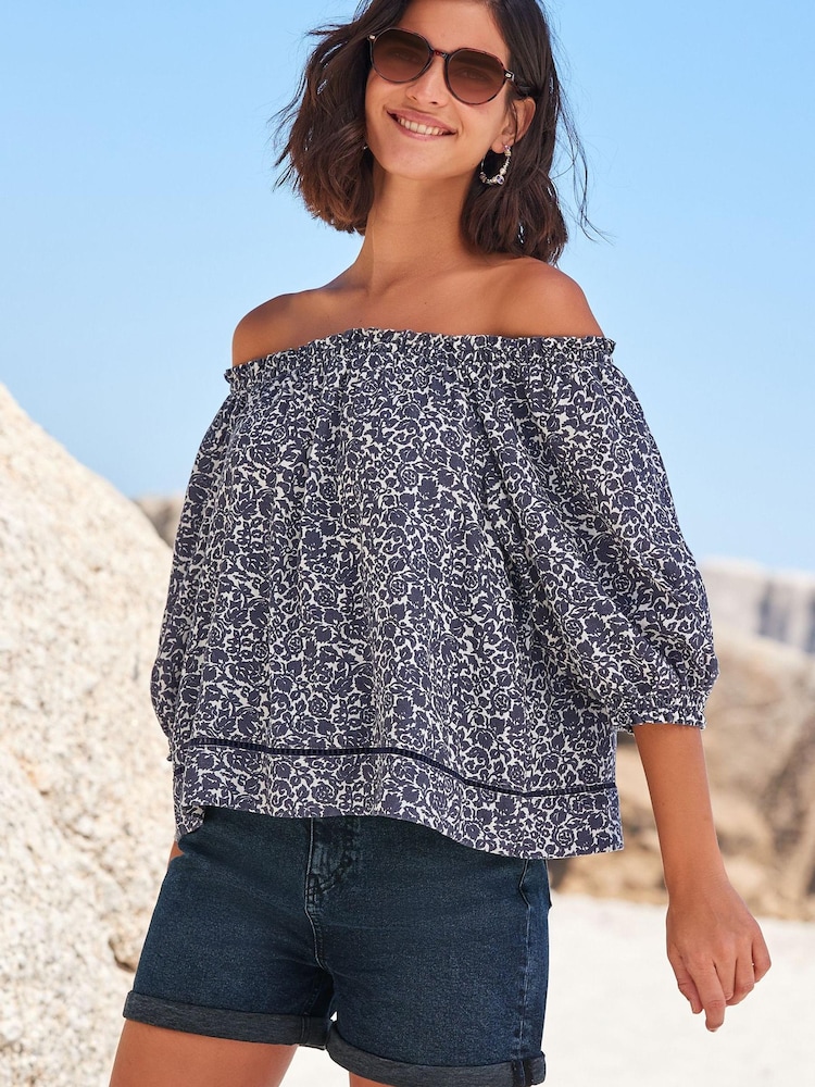 Navy Blue Floral Bardot Top With Linen - Image 1 of 2 Navy Blue Floral Bardot Top With Linen - Image 1 of 2