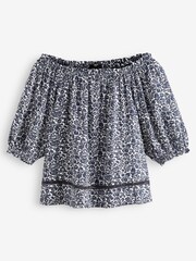 Navy Blue Floral Bardot Top With Linen - Image 2 of 2